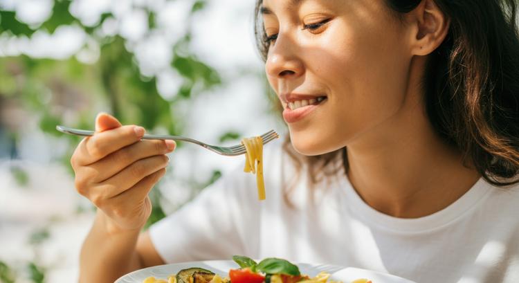 Bildnachweis: © stock.adobe.com / Passion Frau isst Pasta draußen bei Sonnenschein