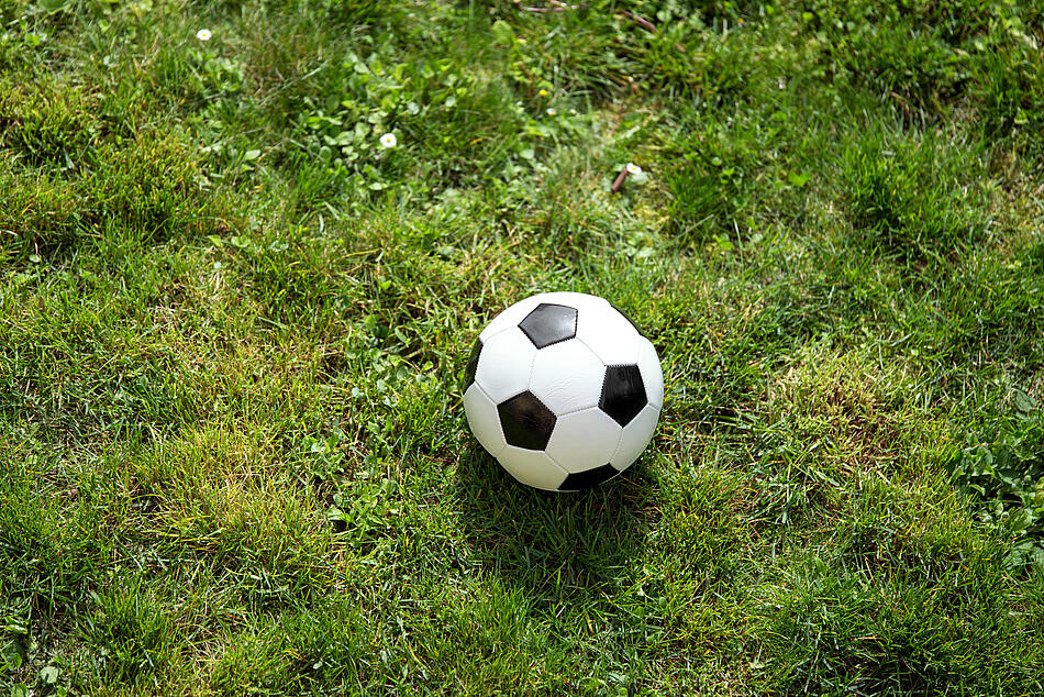 Ein Fußball auf einer grünen Wiese.