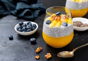 Veganer Chiapudding mit Mango und Blaubeeren