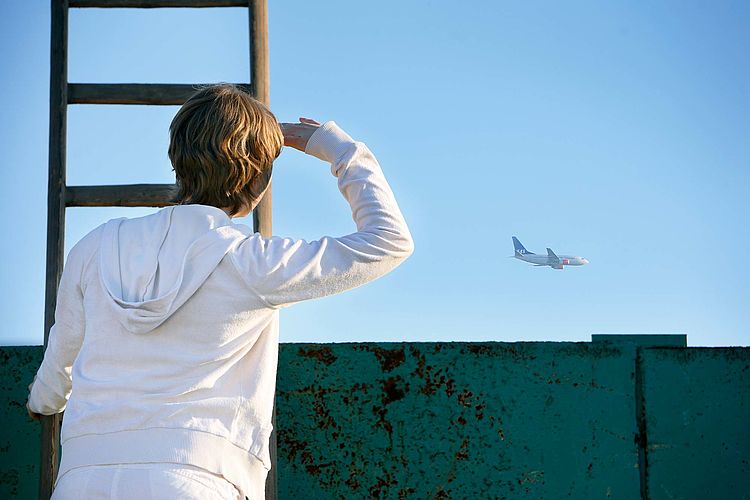 Eine Frau steht auf einer Leiter und beobachtet ein Flugzeug am Horizont.